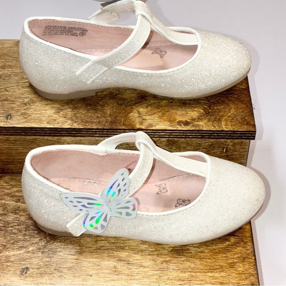 Toddler White Glitter Mary Jane Size 7 shoes sparkles Butterfly - Picture 2 of 7